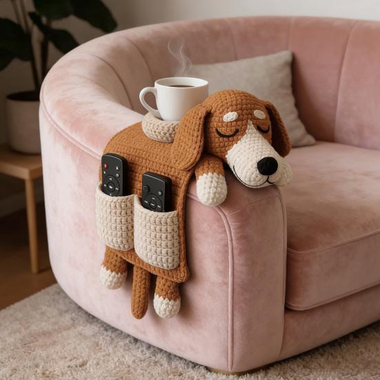 Sofa Aufbewahrungstasche Weiche Wolle Hundeform Handgewebtes Wollkissen mit integriertem Getränkehalter Winter Sofa Zubehör