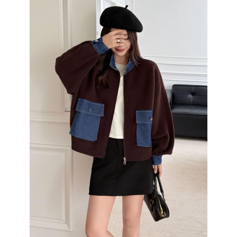 Autumn and Winter New Splicing Denim Knitted Double-sided Cardigan Design Sense Loose Zipper Sweater Jacket Women