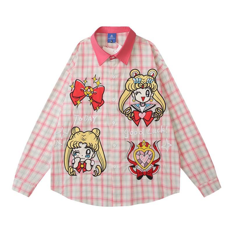 American Retro Pink Plaid Cartoon Embroidered Long Sleeve Shirt Loose Casual Top Men