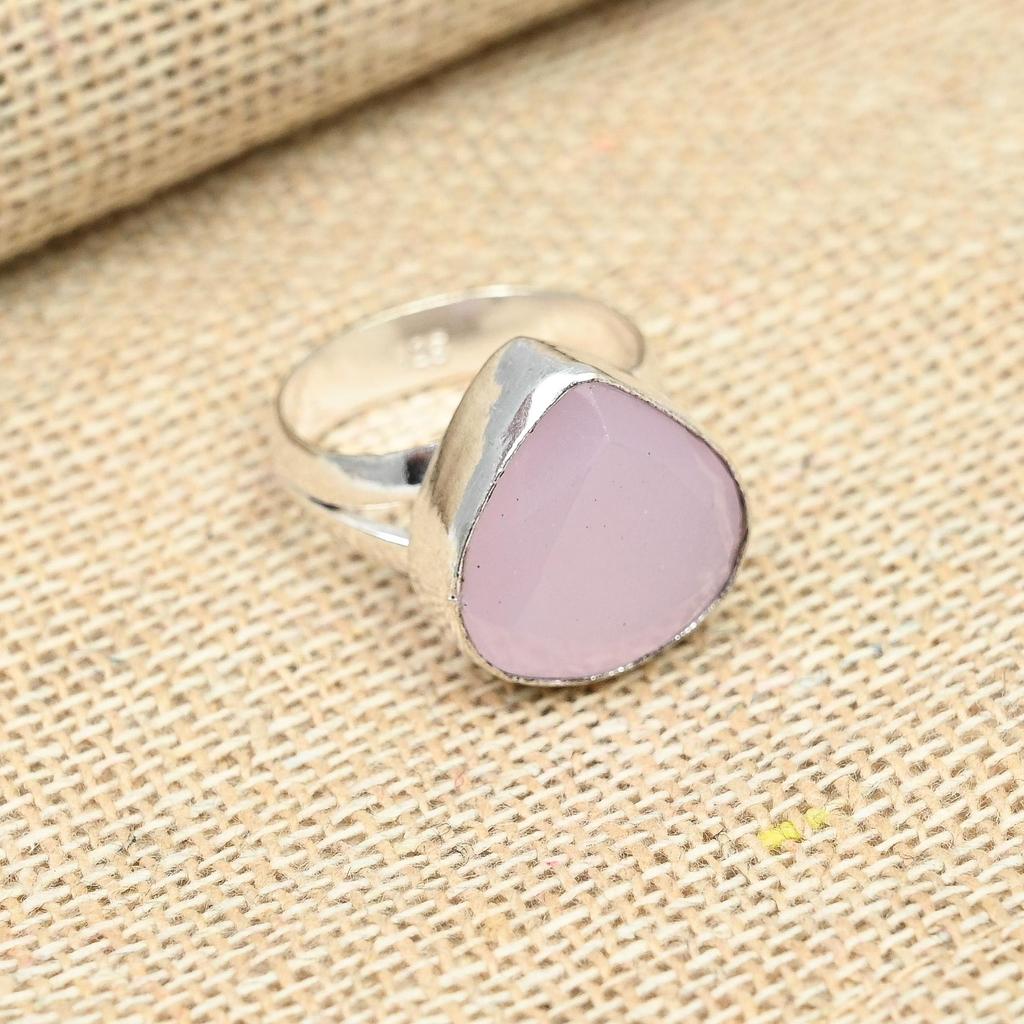 Beautiful Pink Chalcedony Gemstone 925 Sterling Silver Ring Pear Shape Handmade Jewelry