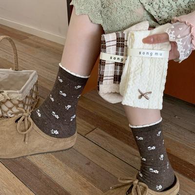 Ladies Autumn and Winter Vintage Floral Bow In The Tube Socks
