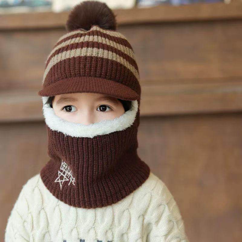 Kids' Winter Wool Hat with Velvet Lining & Duckbill Cap: Face Protection and Scarf Combo