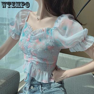 Women's Spring Summer Off Shoulder Breathable Shirts Female Retro Elegant Casual Loose Thin Floral Printed Tops