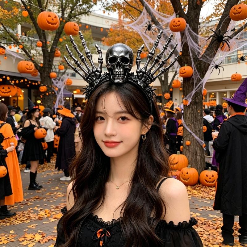 Halloween Skull Headband Complete Costume Hair Accessory with Black Skeletal Hand Design for Cosplay Parties and Photo Booth Styling