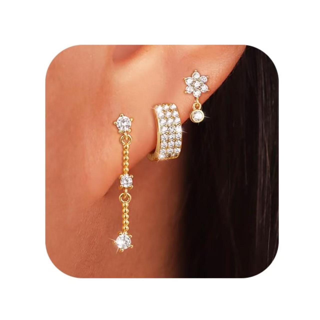 

Gold-Plated Brass Tassel Earrings with Zircon Inlay - Three-Piece Set