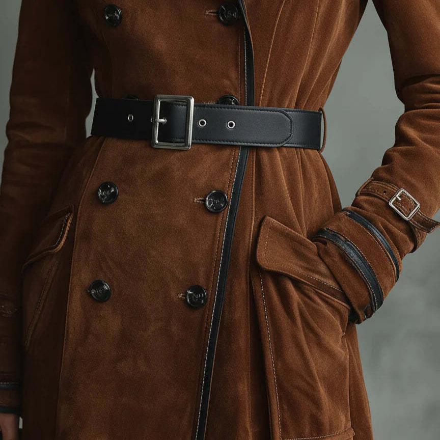 Women's Lapel Double Breasted Suede Long Sleeve Maxi Trench Coat