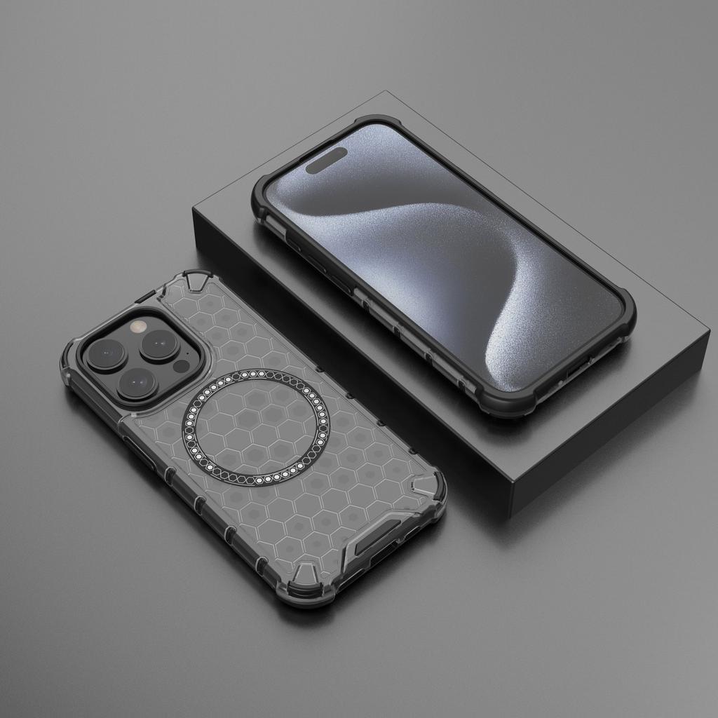 For iPhone 15 Pro Magnetic Case Honeycomb Texture TPU+PC Anti-drop Phone Cover