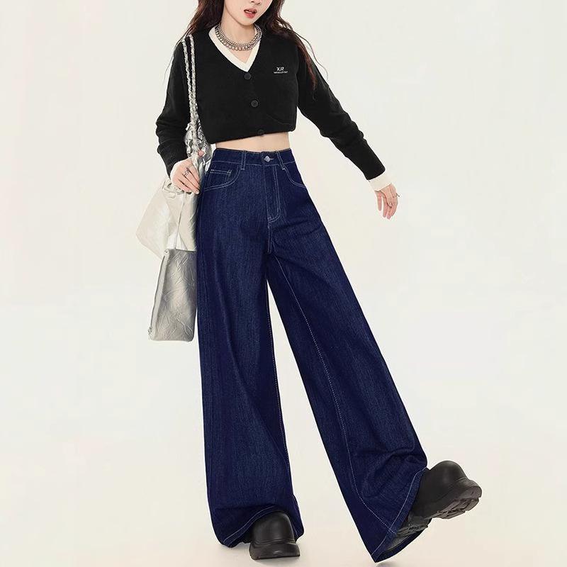 Damen Retro Dunkelblaue Weitbeinige High-Waist Jeans - Bodenlang Koreanischer Stil für Frühling & Herbst