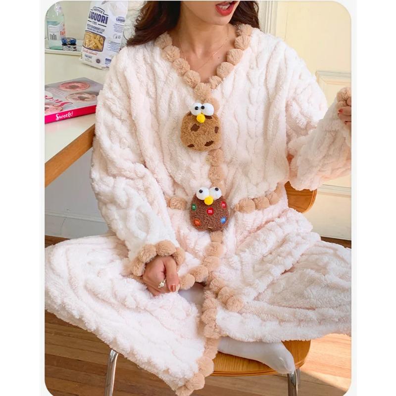 Sweet Cute Pajama Set Coral Fleece Warm Nightwear Winter Flannel Pijama Cardigan Sleepwear Loose Casual Home Clothes Loungewear