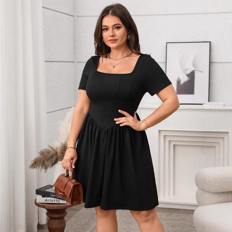 Plus Size Women's Dress Summer Elegant Short Sleeved Square Collar Solid Color Slimming Dress
