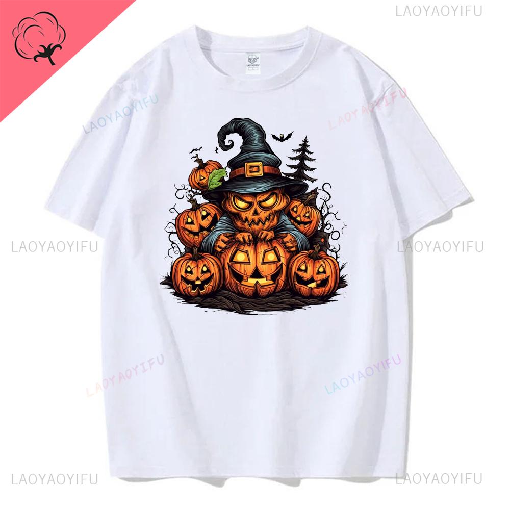 Jack Lanterns  Women Ghost Pumpkin Bat Skeleton Print Round Neck Pullovers Cotton Shirt Graphic T Shirts Y2k Top Harajuku Tops