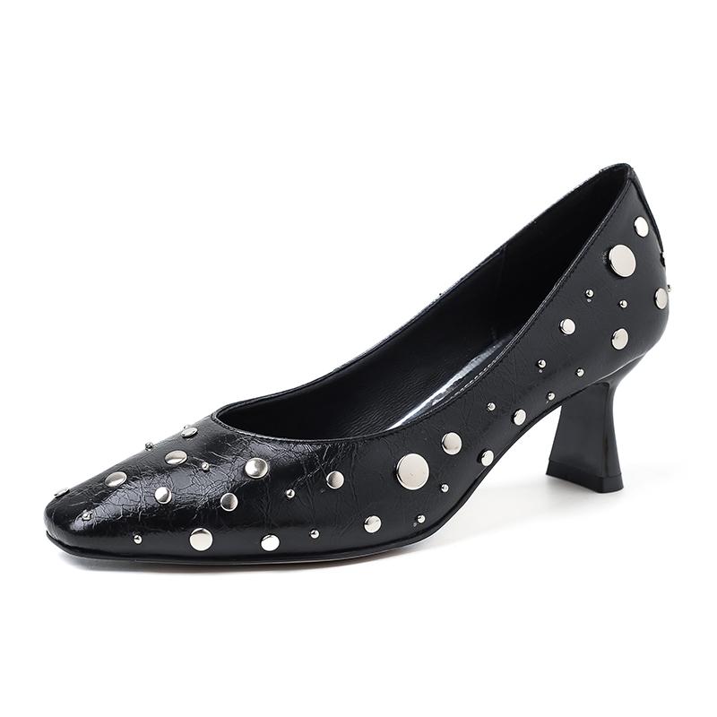 

Fashion New Spring/summer Split Leather Shallow Shoes for Women Fashion Rivet Square Toe Women Pumps Breathable High Heels Black 40 чёрный