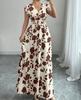 Floral Print V Neck Long Dress With Belt For Summer Casual Womens Wear