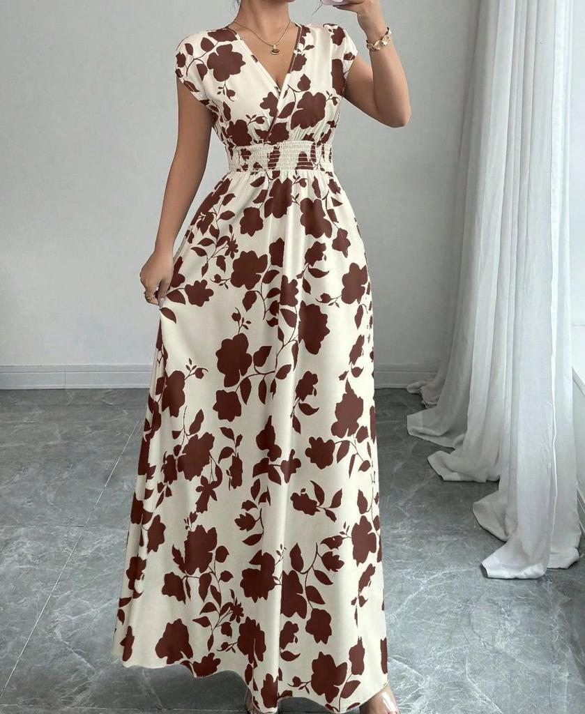Floral Print V Neck Long Dress With Belt For Summer Casual Womens Wear