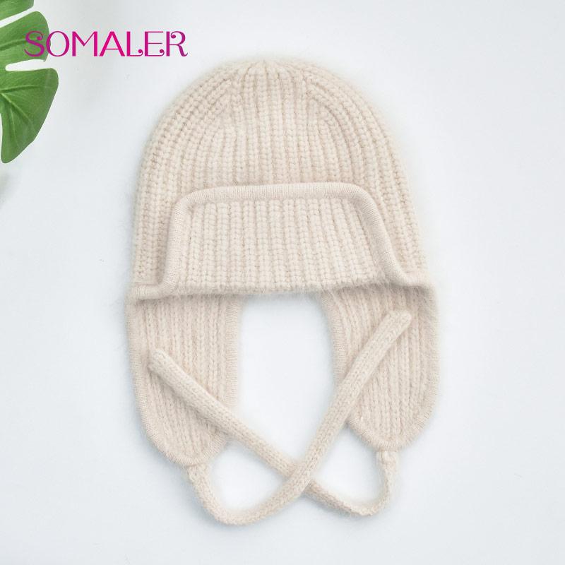 

SOMALER Зимняя вязаная шапка из ангорской шерсти, плюшевая русская шапка-ушанка с ветрозащитной веревкой, вязаный капюшон, шапки-ушанки, уютная шапка-лыжник бежевый