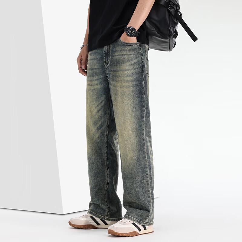 VEE KELLEN Men's Lightweight Summer Loose Straight-Leg Retro Denim Jeans