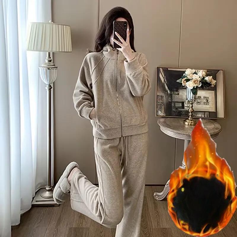 Plus Velvet Thick Sweater Suit Women's Autumn and Winter Fashion Western Style Casual Loose Wide-leg Pants Sportswear Two-piece Suit