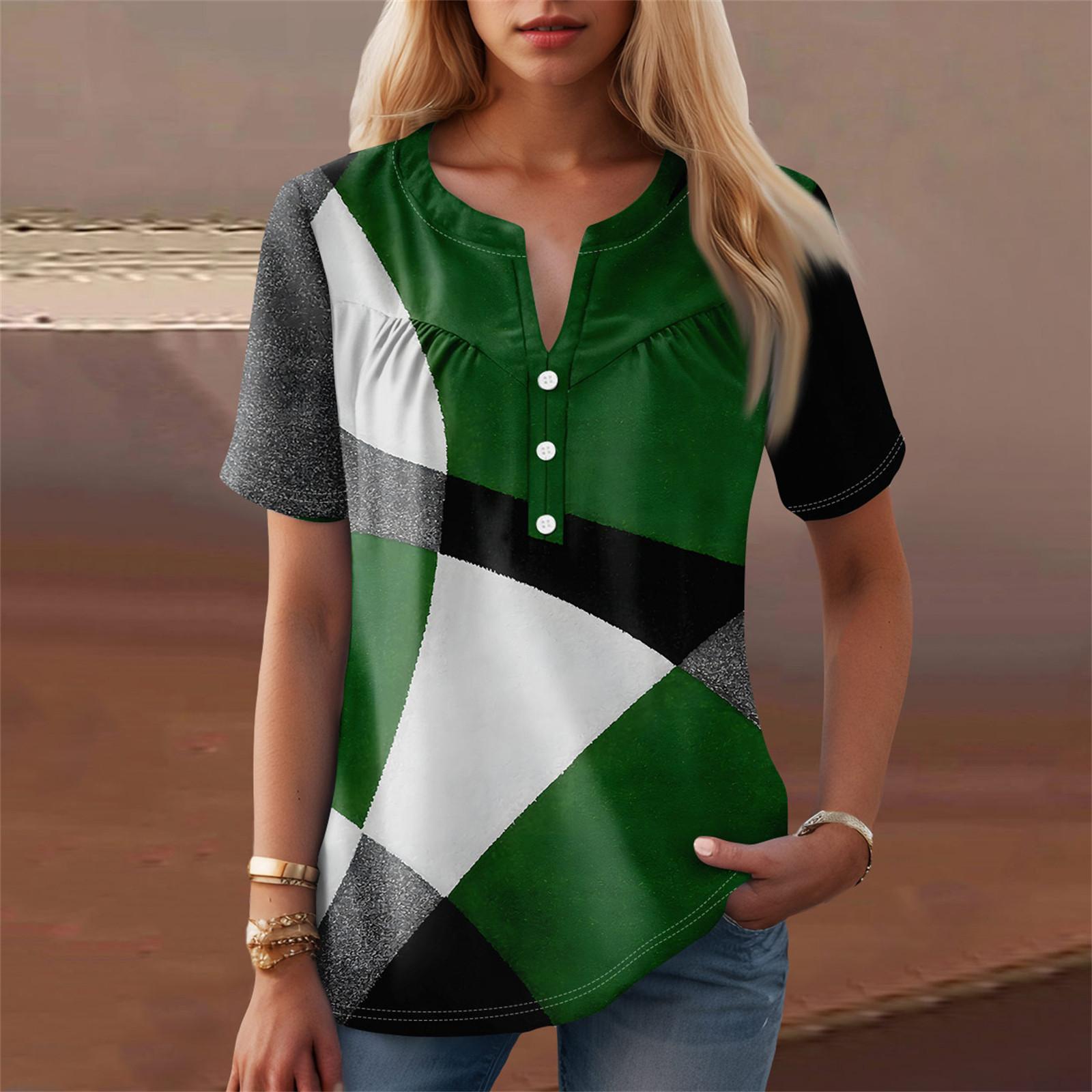 

Женская повседневная футболка с v-образным вырезом и коротким рукавом с цветочным принтом и декоративными пуговицами, топ L армия зеленый