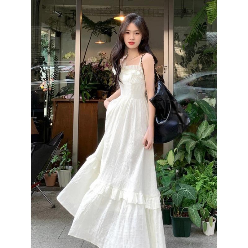 White Dress Women Sweet Ruffles Summer Sleeveless Princess Aesthetic A-line Sundress Holiday Leisure French Style Designed 2026