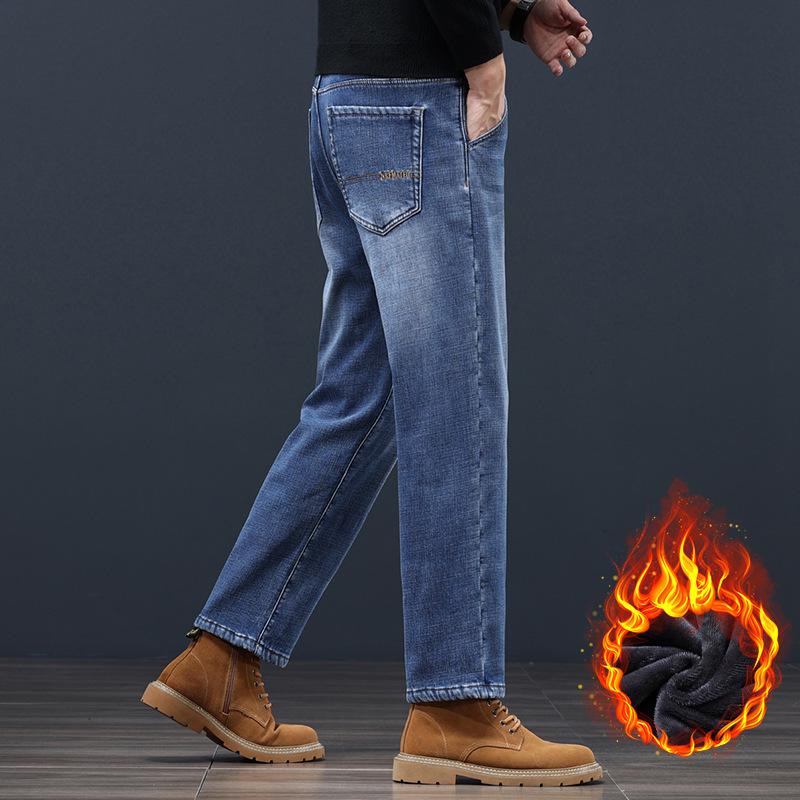 Men's Plus Velvet Loose-Fit Straight Jeans with Oblique Pockets - Versatile Autumn/Winter Nine-Point Pants (Large Size Available)