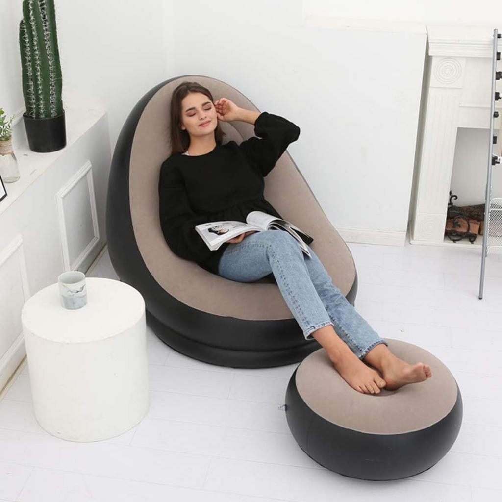Inflatable Lounge Chair : Lazy Flocking Recliner, Air Couch Sofa for Indoor, Outdoor, Travel & Camping (No Pump)