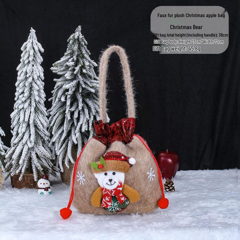 Christmas Apple Flannel Drawstring Gift Bag with Bowknot for Children's Candy