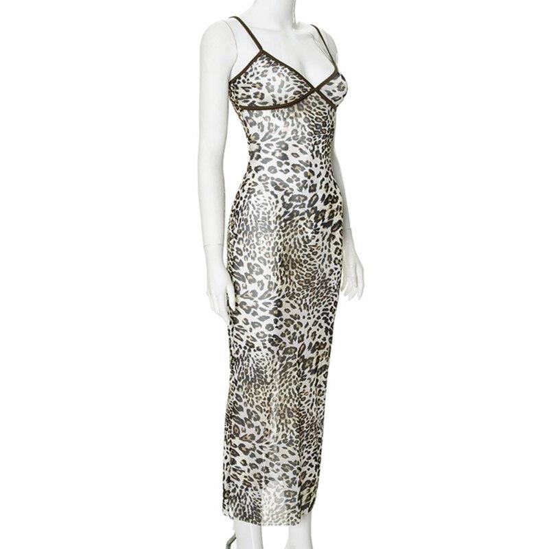 Damen Leopardenmuster Spaghetti-Träger Kleid Slim Rückenfrei Langes Kleid