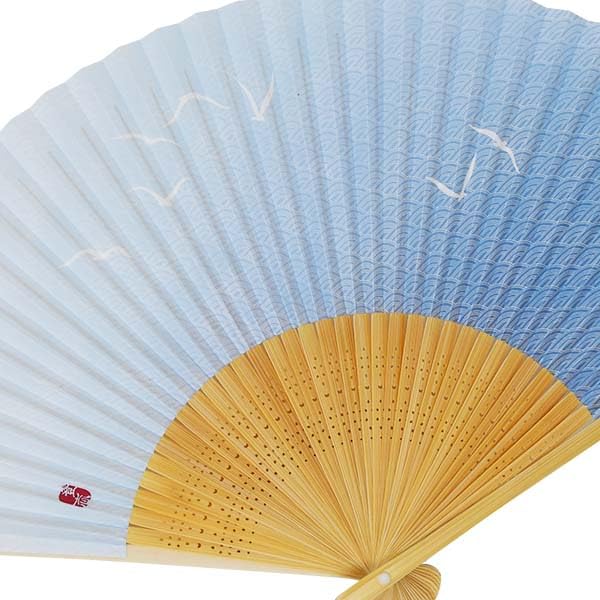 Kimono Falten Weißer Bambus Leicht Möwe und Seigaiha Muster [Stilvolles Iroha] Herrenfächer, Schnitzerei, Parfümiert, Blau,