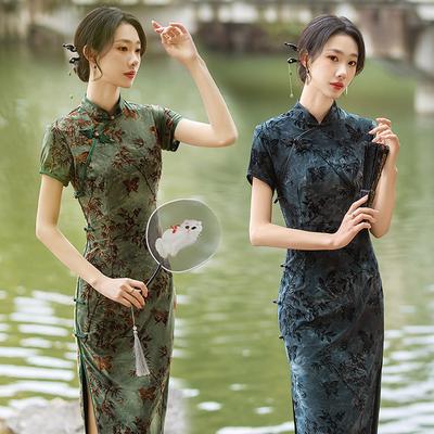National Style Chinese Long Improved Cheongsam New Women's Retro Slim Short Sleeves Republic of China Old Shanghai Catwalk Summer