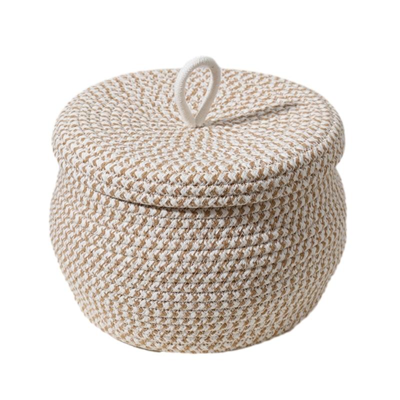 Storage Basket with Lid Key Laundry Round Little Baskets Organizer Shelves Woven Cotton Rope Indoor Pots Plant Decor