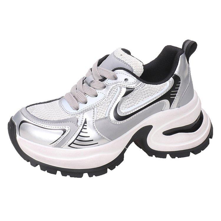 Fashion Silver Increase  Thick Bottom Sneakers Female 2024 Fall and Winter New Leather Casual Pops Shoes Sneakers Women Hot Style