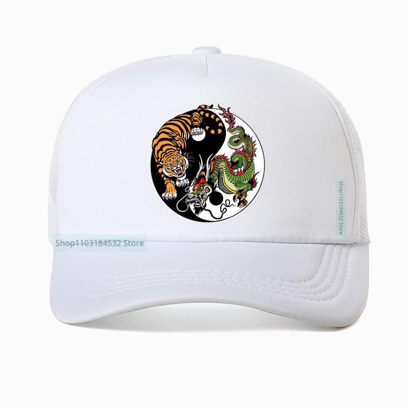Chinese Dragon And Tiger Tattoo Print Mesh Baseball Cap Summer Adjustable Breathable Trucker Hat Fashion Casual Sun Hats