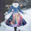 Women's Casual Dress Long-Sleeve V-Neck Patchwork Fleece Christmas Print Dress