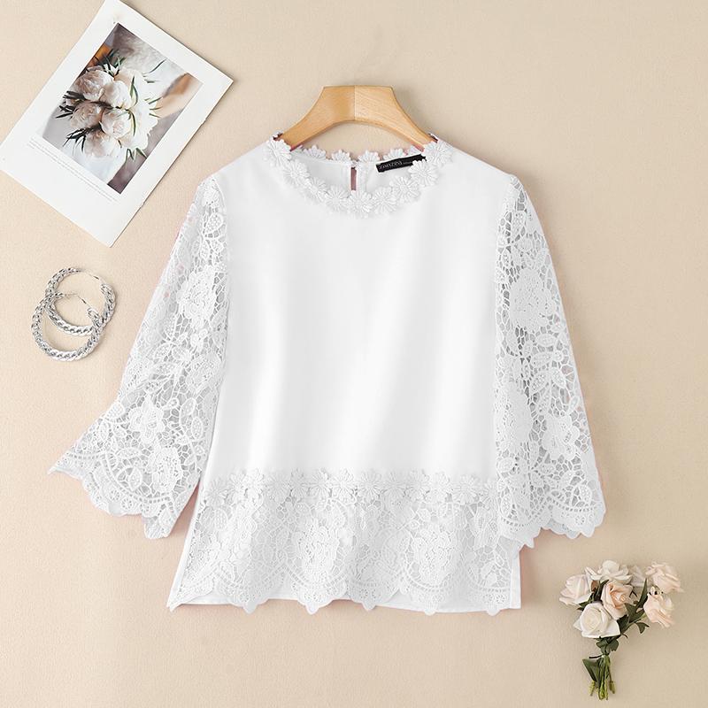ZANZEA Women Casual Lace Crochet Splice 3/4 Sleeve Loose Blouse