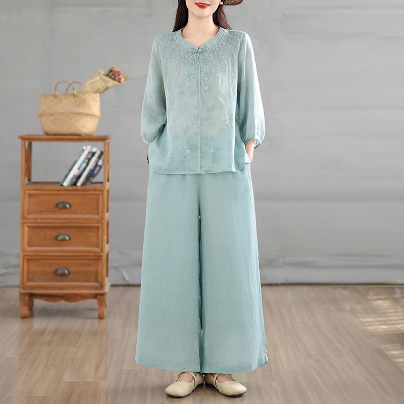 

2026 Butterfly Embroidery Retro Linen Blouse & Wide-Leg Pants Set Large синий