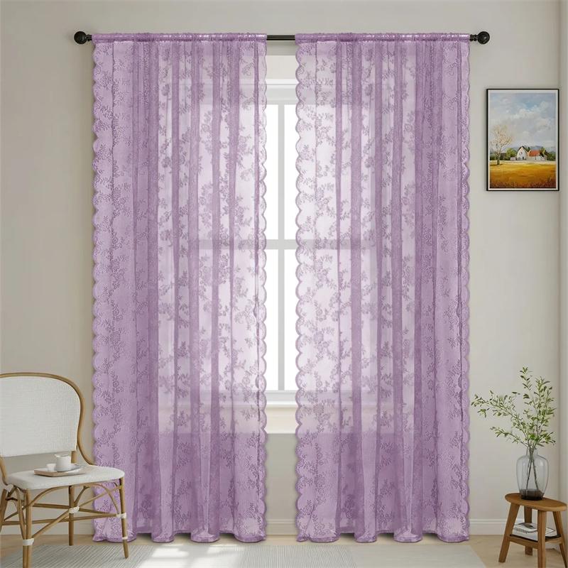 1 Panel Vintage Lace Curtains Rod Pocket Sheer Curtain Long-Romantic Flowers Branch Window Curtain for Living Room French Decor