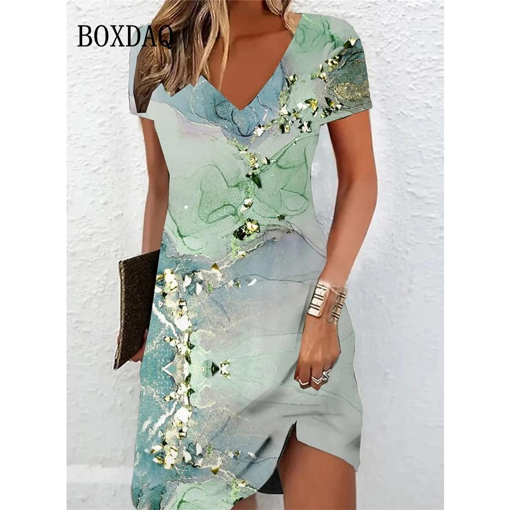

Женское повседневное платье лето 2025 с мраморным принтом, V-образным вырезом, короткими рукавами, средней длины, модное платье больших размеров 6XL