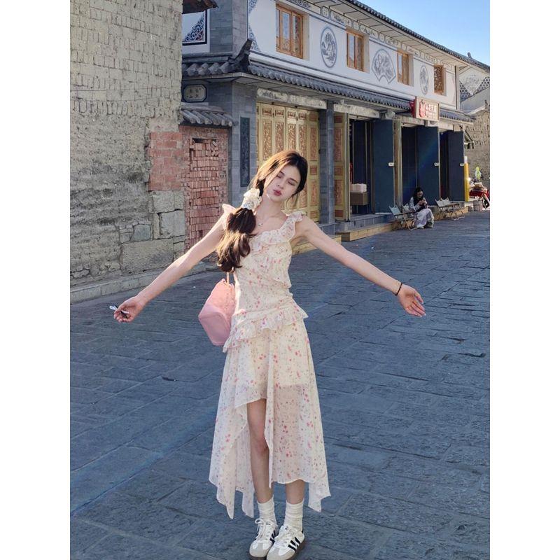 Kumikumi Holiday Style Floral Small Flying Sleeves Dress Women Summer Irregular Design Slimming Fairy Skirts