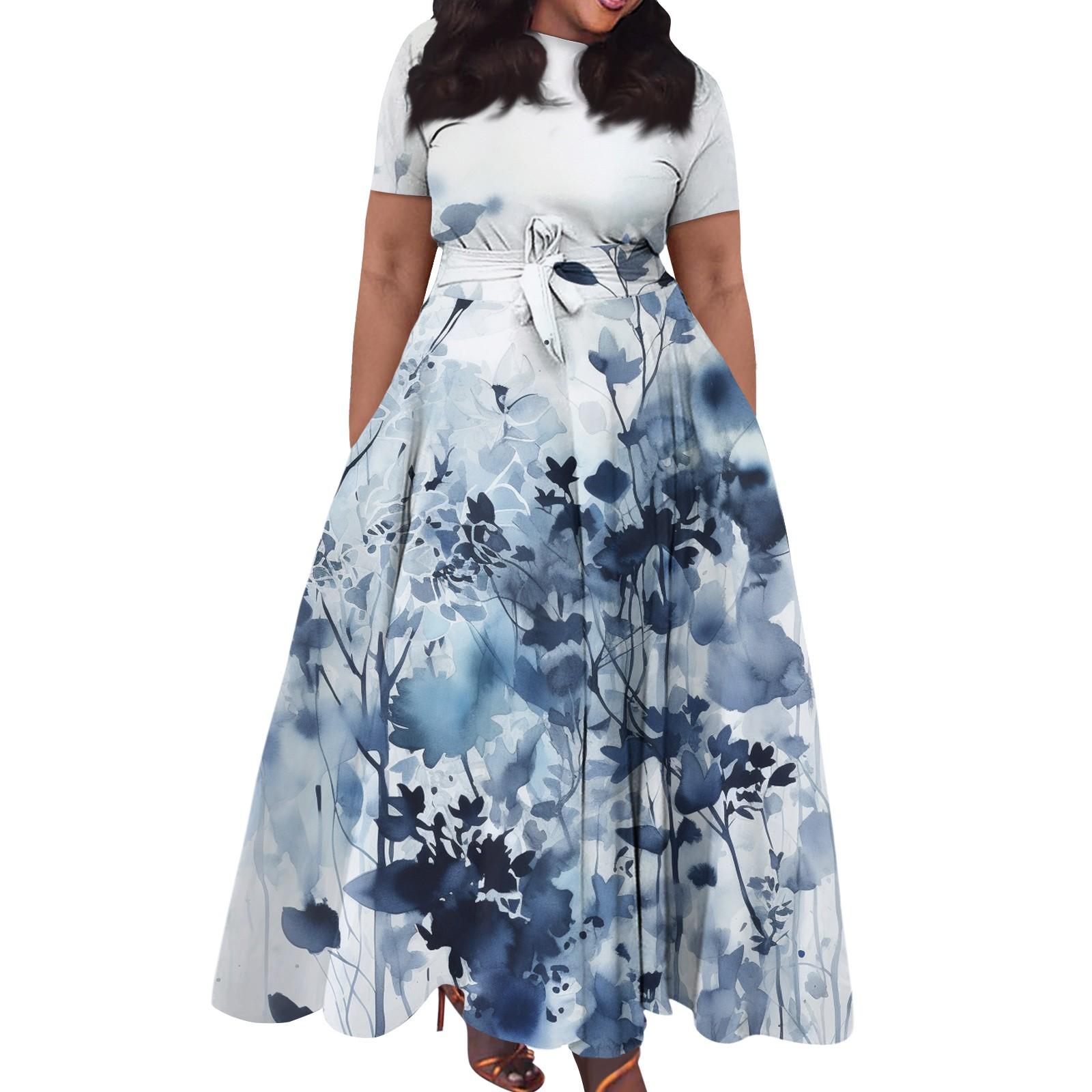 

Женское повседневное модное свободное платье большого размера с принтом, круглым вырезом и короткими рукавами, карманными бретелями XXXXXL синий