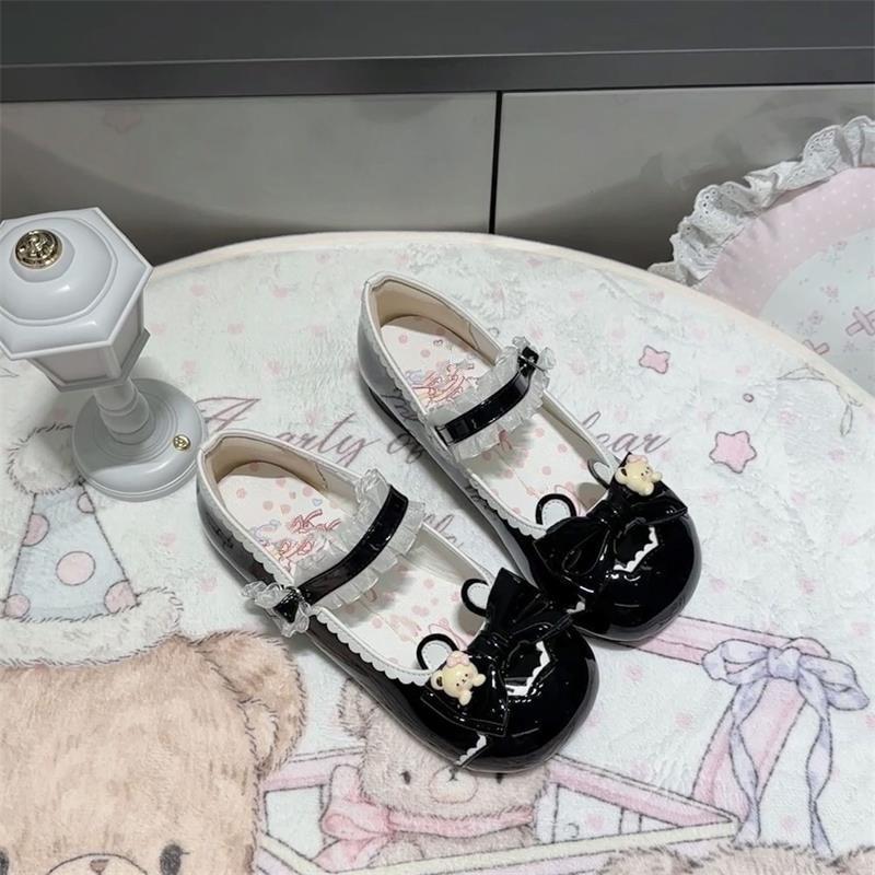 Campus Wind Sweet Pink Lo Shoes Japanese Round Head Single Shoes Women's Bow Summer Cute Cute One-word Buckle Leather Shoes