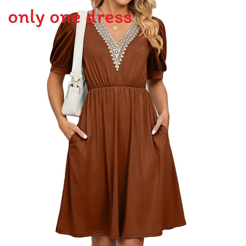 Städtisches Stilkleid mit Taschen und V-Ausschnitt für den Frühling, Freizeitkleidung