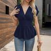 Women Tops V-neck Raglan Short Sleeve Shirt Pleated Hem Solid Color Waist-Hugging Regular Fit Tops Daily Wear