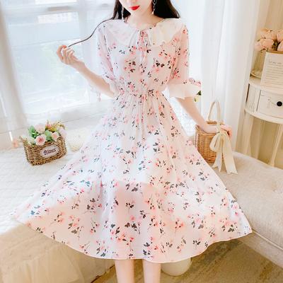 Abito in chiffon taglie forti con stampa floreale con colletto da bambola e abiti dolci a trapezio