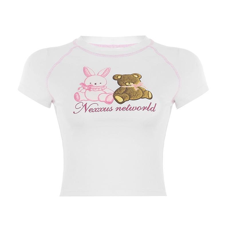 

BM Style Rainbow Bear Print Reverse Line Super Short T-shirt Women s Sweet Cool Hot Girl Low Waist Plaid Skirt S