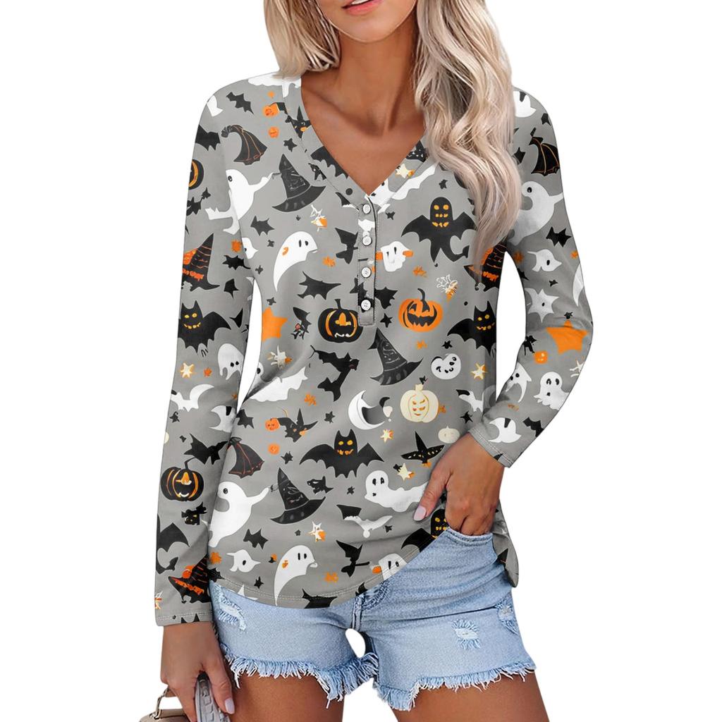Women's Casual Fashion Sexy Comfort Halloween Printed V-Neck Button Long Sleeve