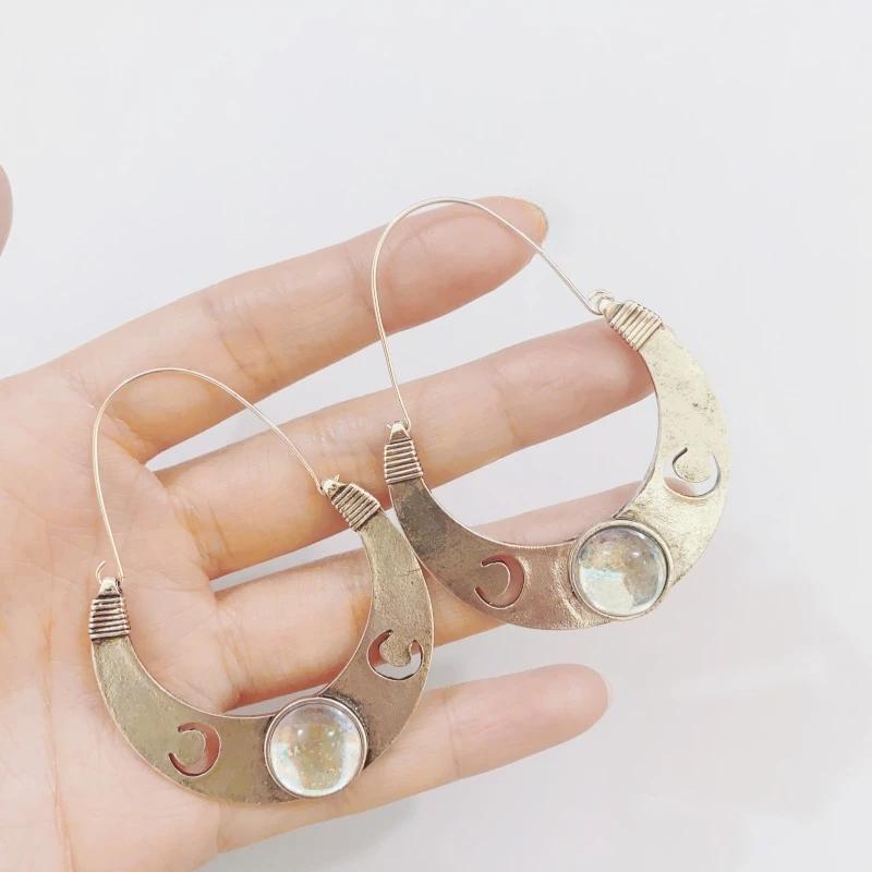 European and American Fashion Personality Exaggerated Retro Style Geometric Moon Shaped Earrings For Women's Zircon