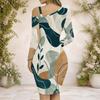 Women Plus Size Chain Strap Cold Shoulder Long Sleeve Printed Asymmetrical Hem Bodycon Dress