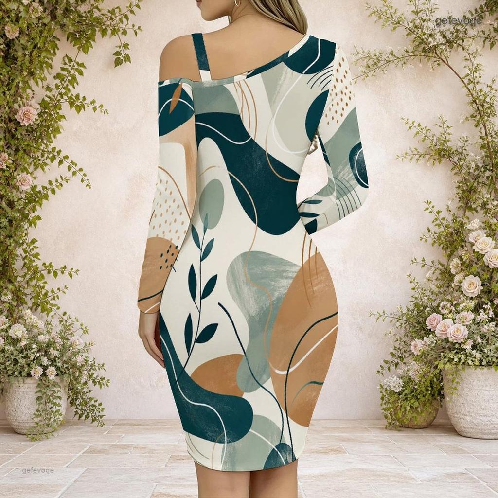 Women Plus Size Chain Strap Cold Shoulder Long Sleeve Printed Asymmetrical Hem Bodycon Dress
