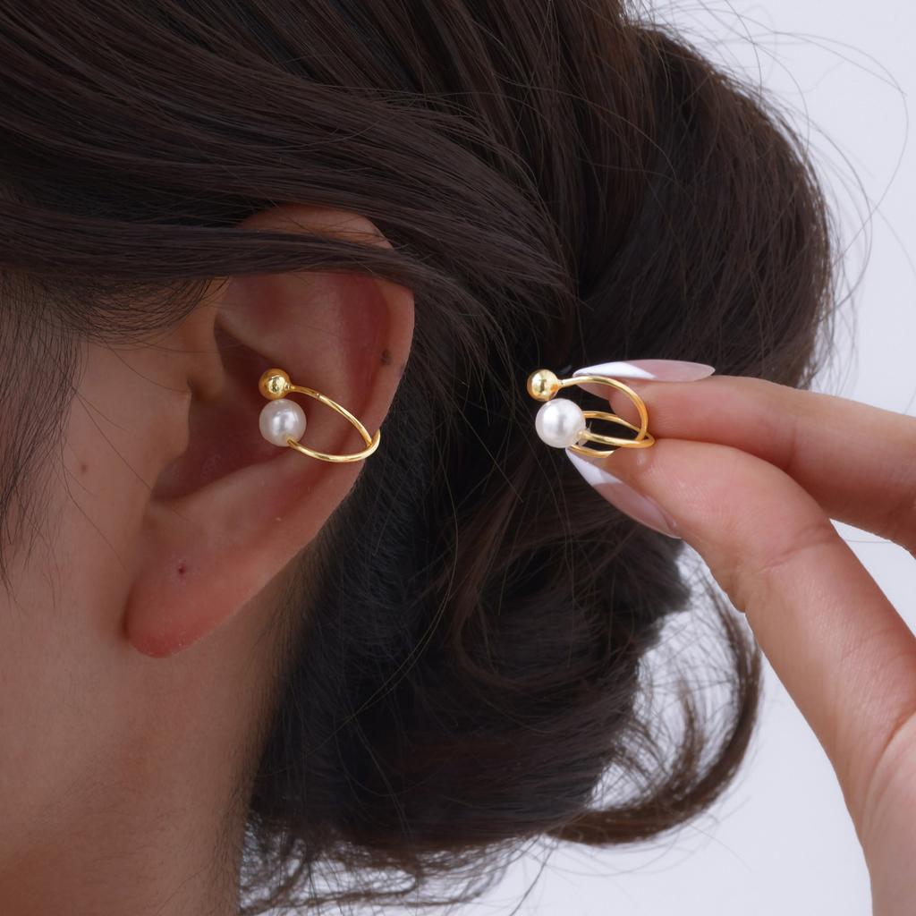 Vnox 1 Pair Chic Immitation Pearl Ear Cuff for Women Girls, Crossed Metal Lines Ear Bones Cuff, Ins Style Dainty Jewelry