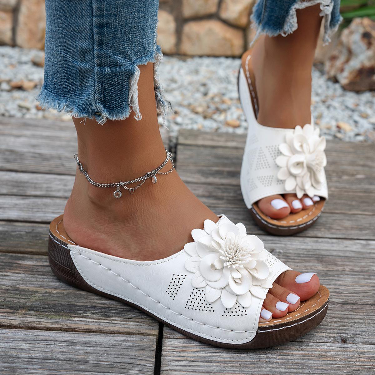 

Wedge Slippers Women s Summer 2025 New Flower Cut-out Platform Plus Size Open-toe Sandals 43 белый